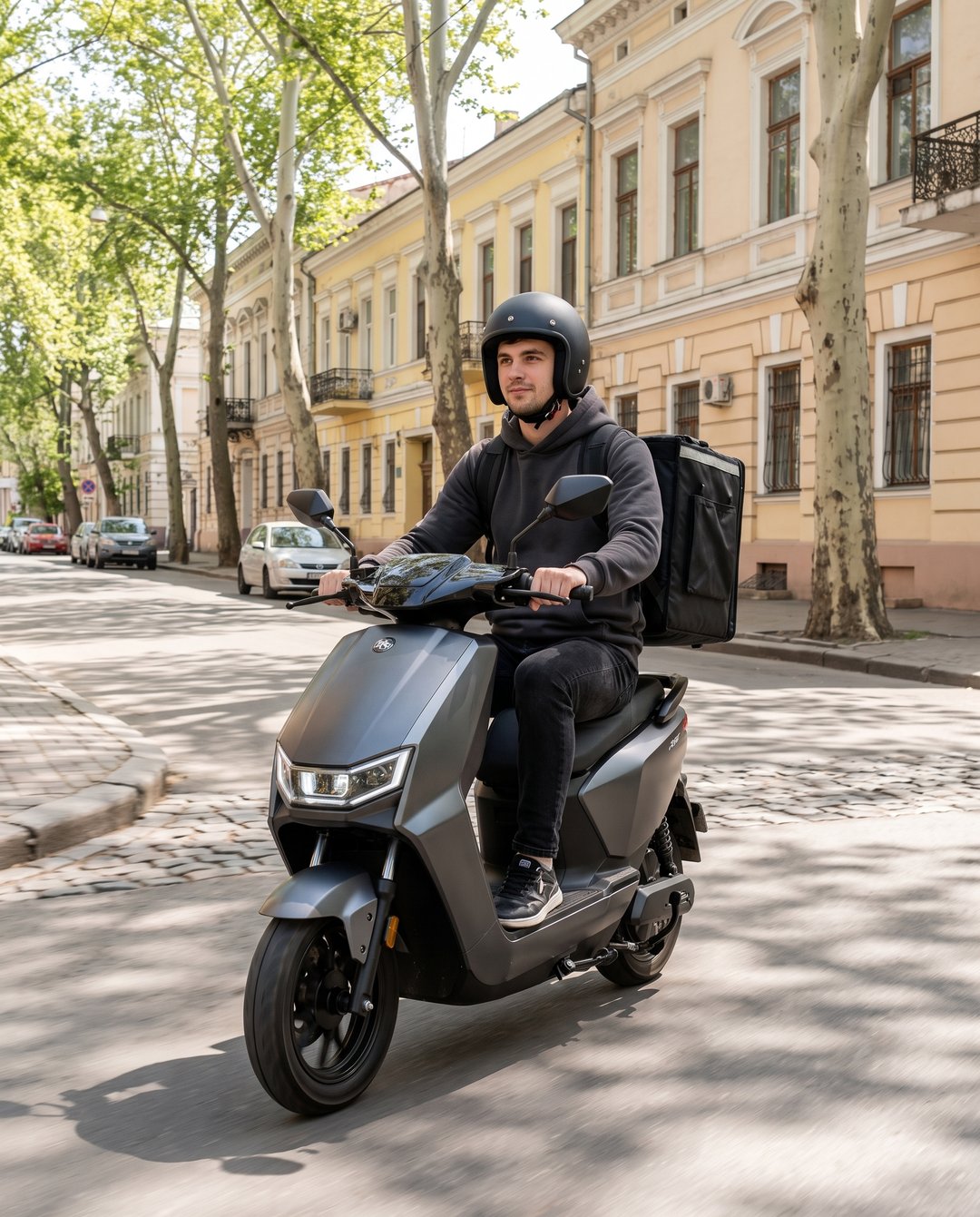 Кур'єр Glovo на орендованому електроскутері Rent.Scooter.Odesa виконує доставку в Одесі